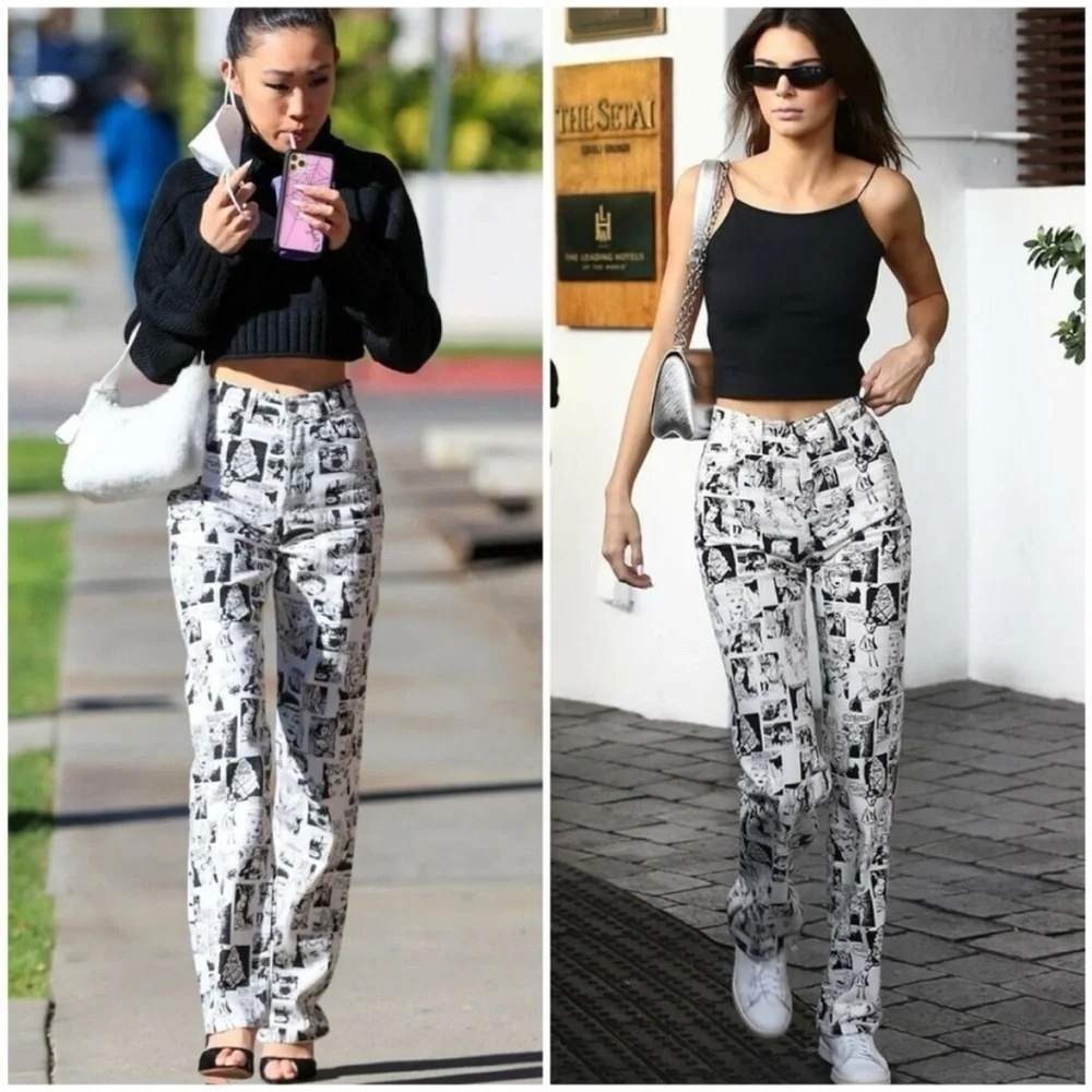 Reformation Newsprint Jeans Comic White Black High Rise Straight Leg 26 Kendall